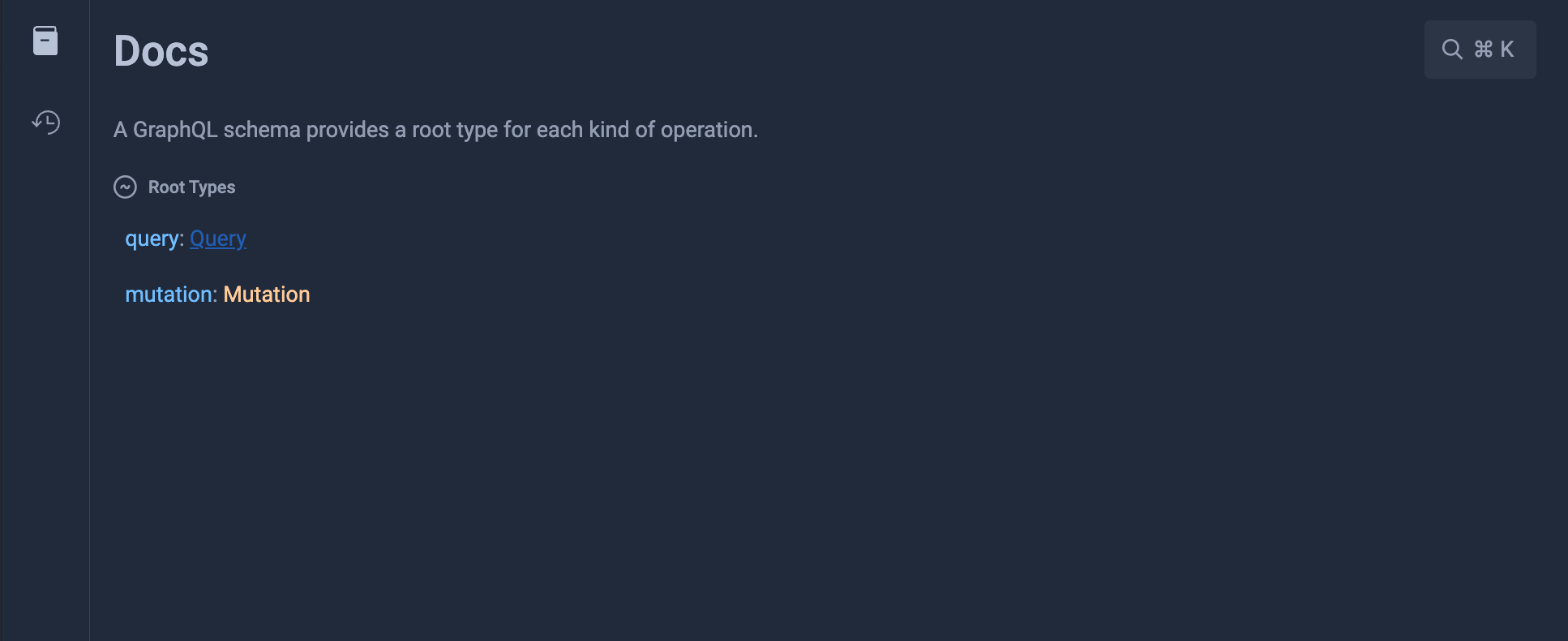 The documentation explorer panel displaying available queries and types.