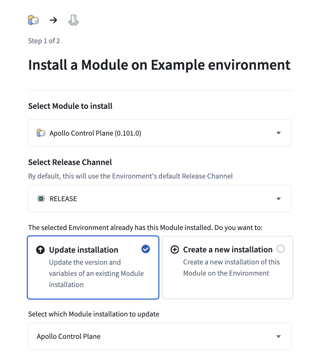 Override the default Release Channel for new Module installations using the Select Release Channel dropdown.