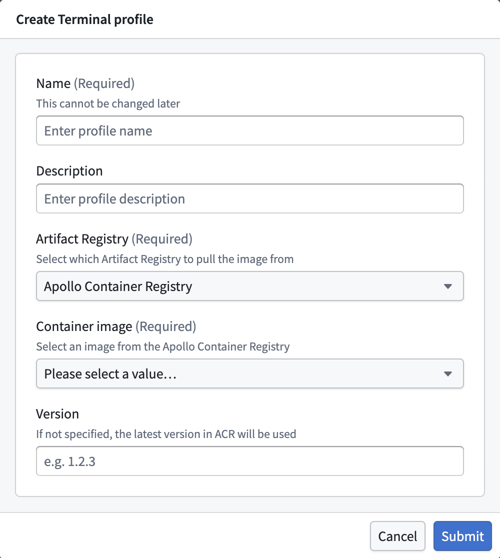 Hub Settings dialog for creating a new Terminal profile, with fields for name, description, artifact registry, container image, and version.