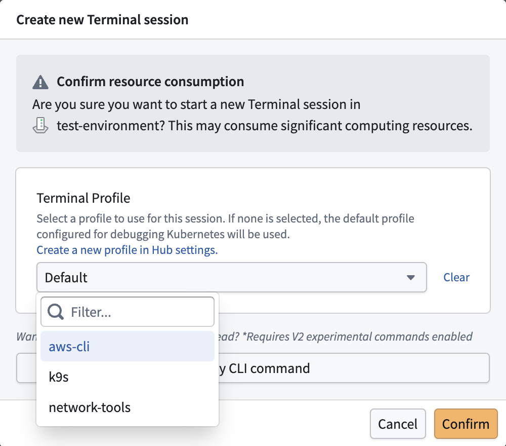 Create new Terminal session dialog with the Terminal Profile dropdown expanded to show the available profiles for the Environment.