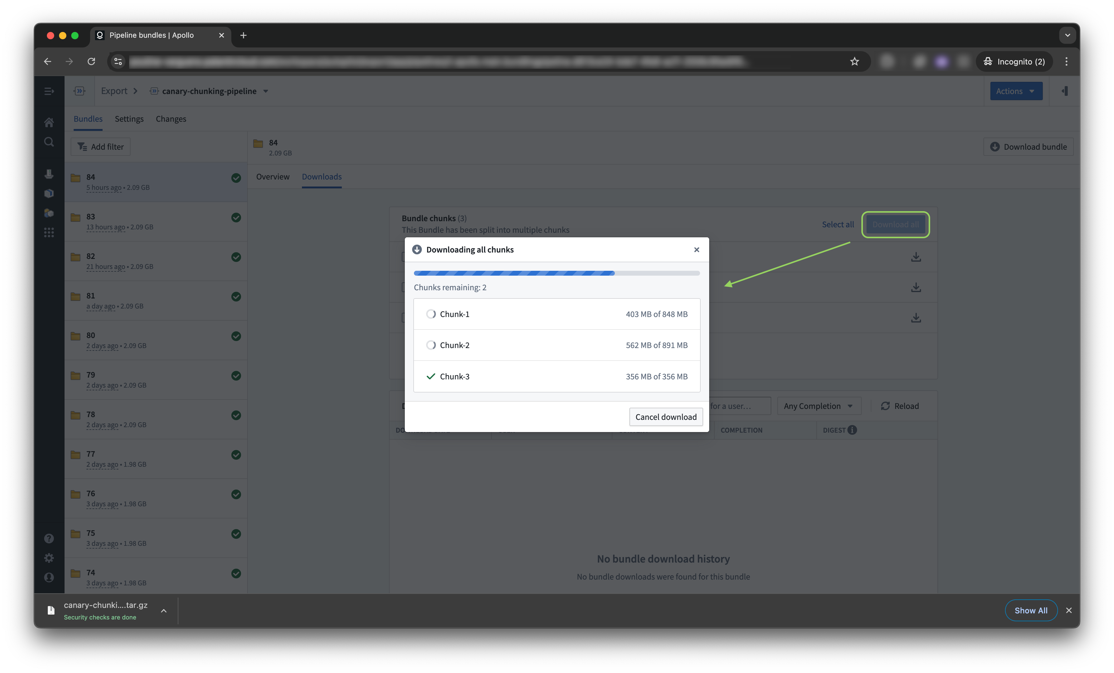 Bundle chunking download