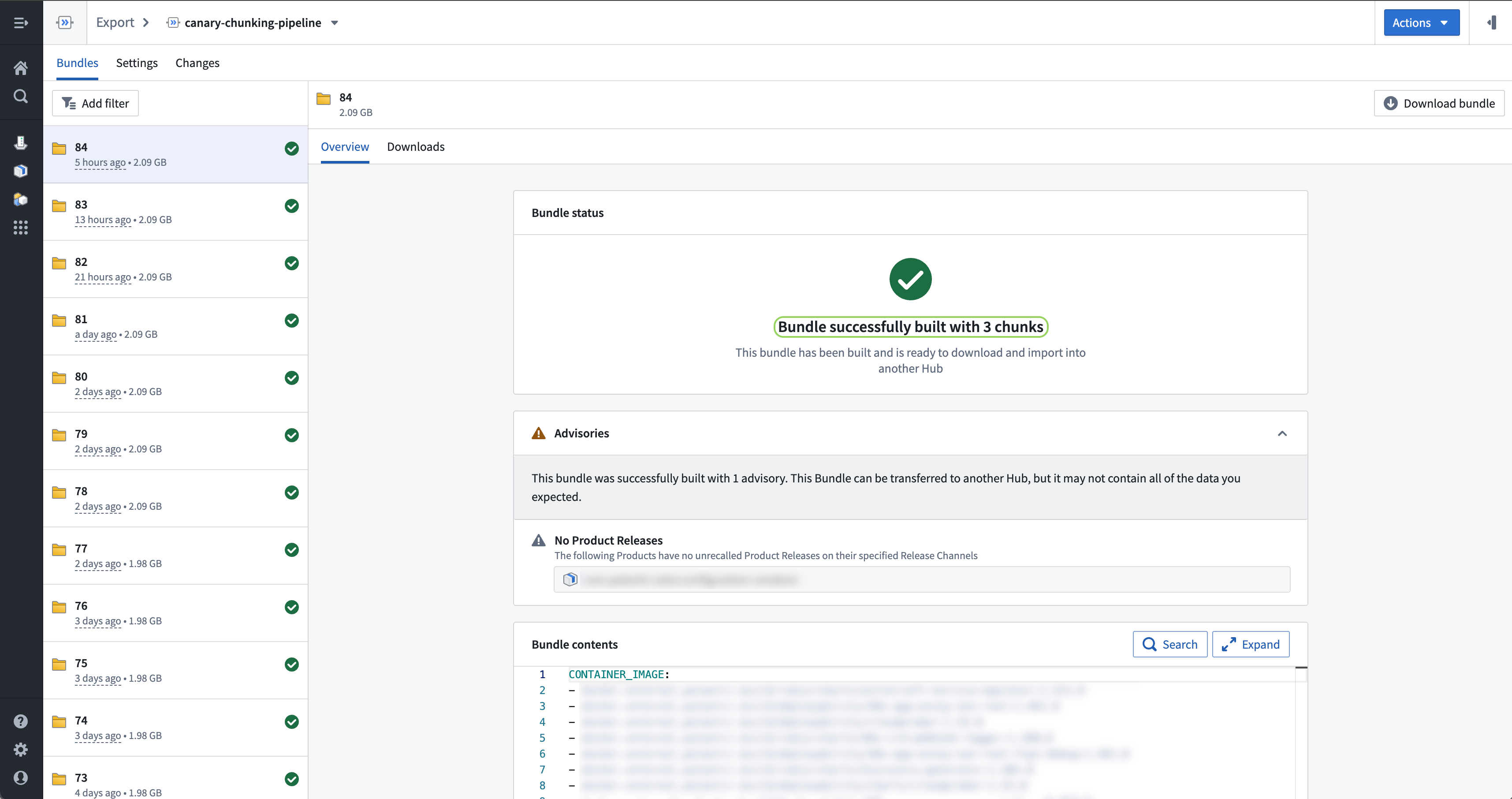 Bundle chunking Export status section