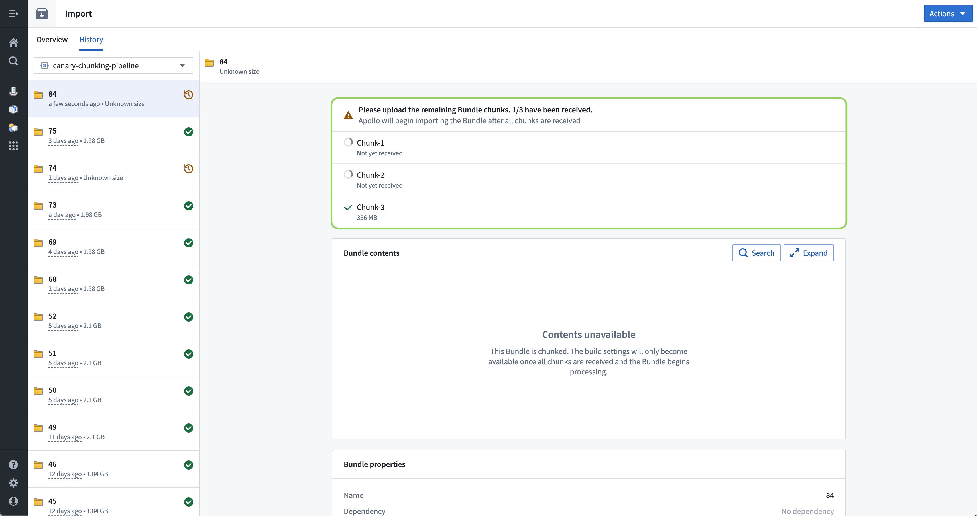 Bundle chunking import pending