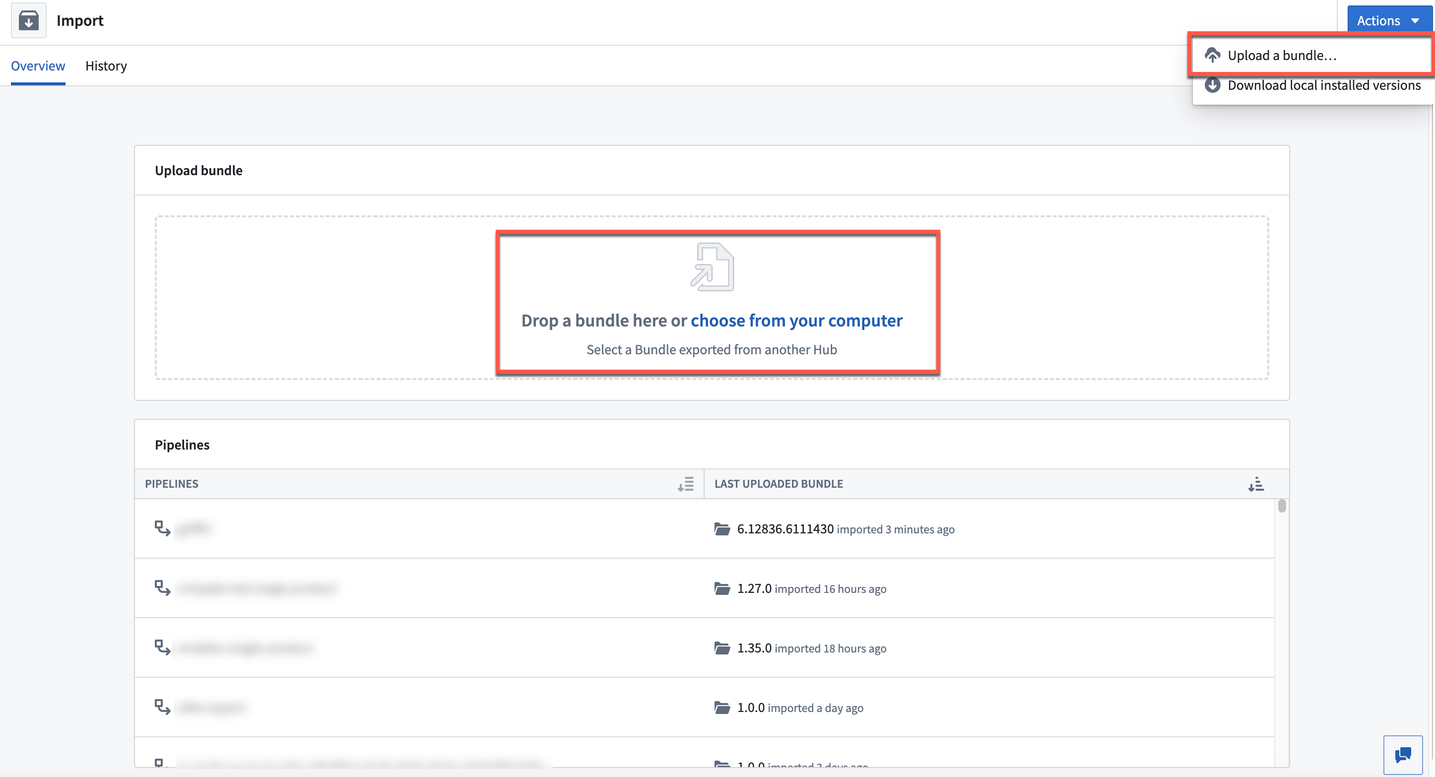 The import Bundle interface showing upload options.