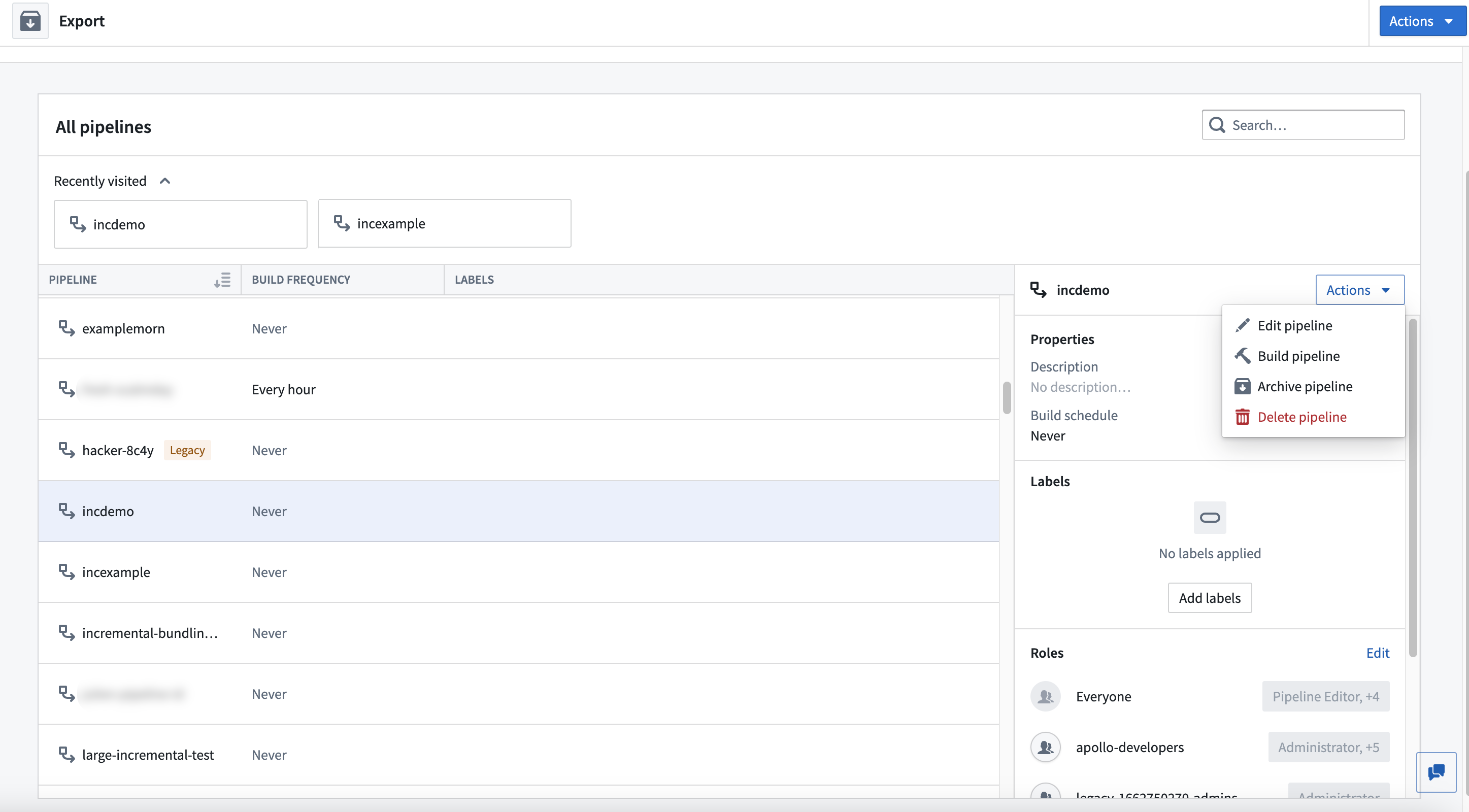 Actions dropdown for Pipelines.