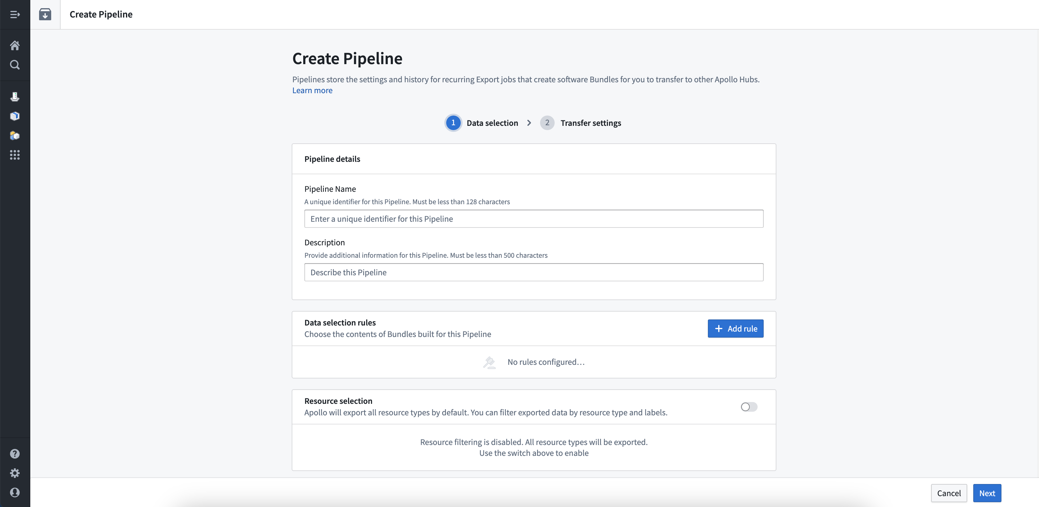 The Pipeline creation form.
