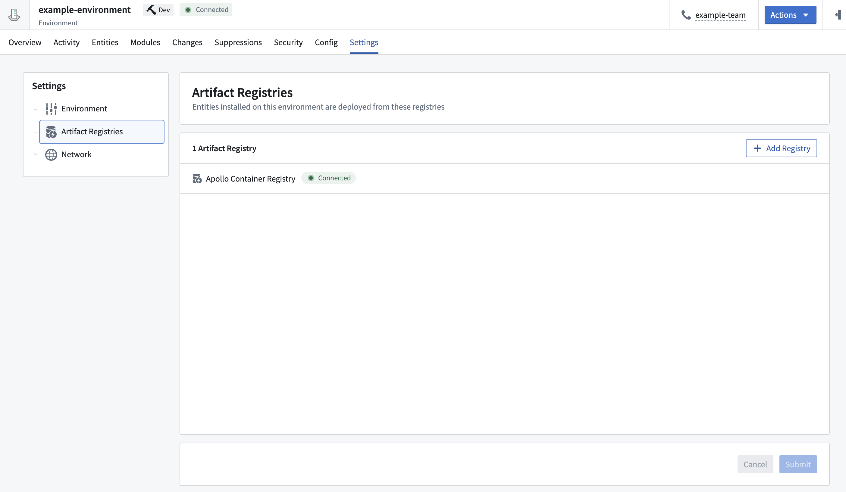 The "Artifact Registries" page for the environment, showing the currently assigned Artifact Registries for the environment and a button to edit which ones are in the environment