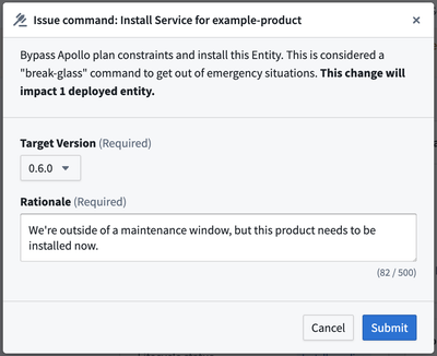 Install the selected **Target version** of the entity by issuing the install command.