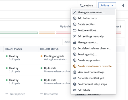 Existing environments can be configured by selecting **Manage environment…** from the **Actions** dropdown