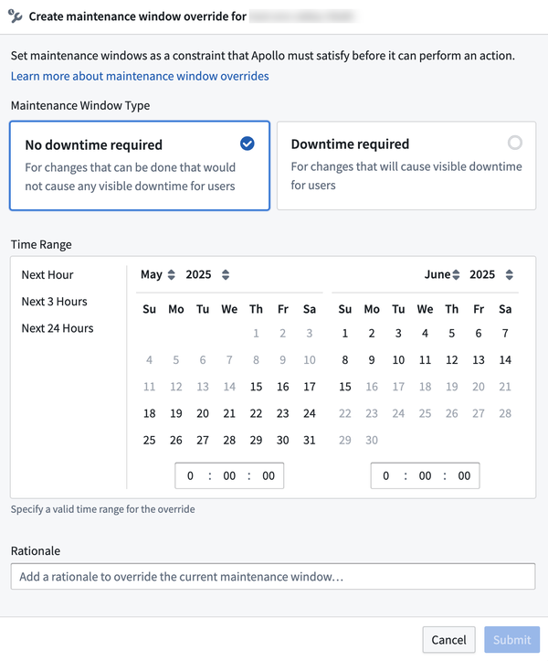 Maintenance window override form