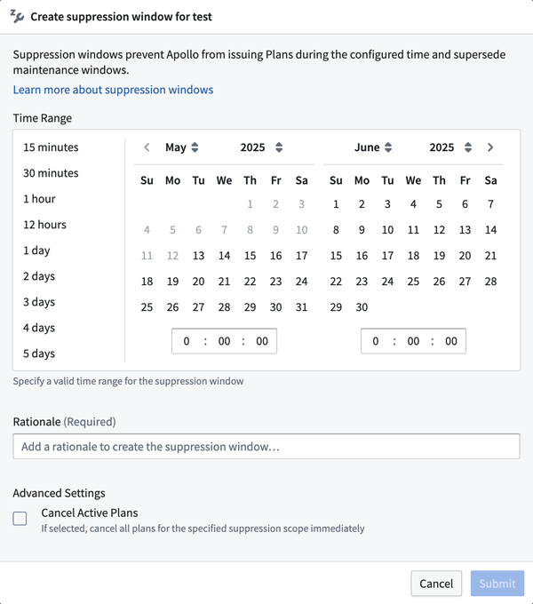 Form for creating a suppression window.