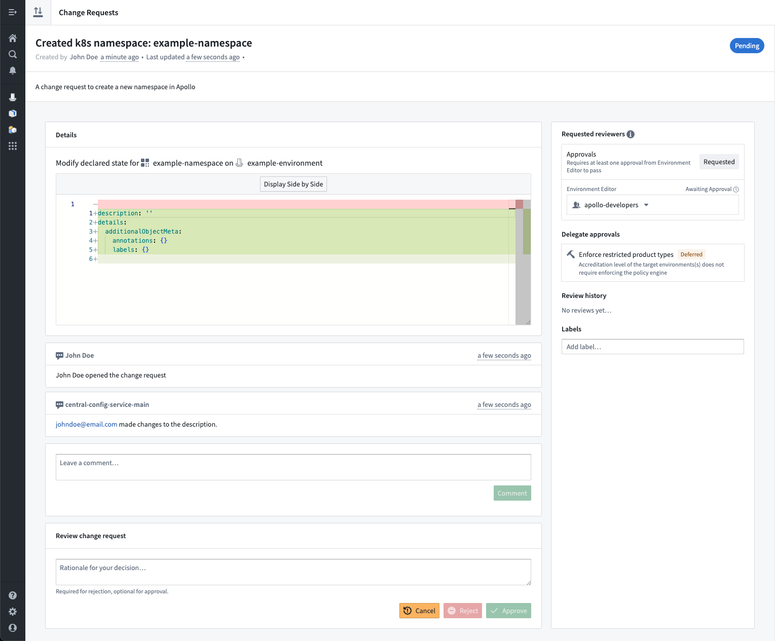 K8s Namespace creation change request