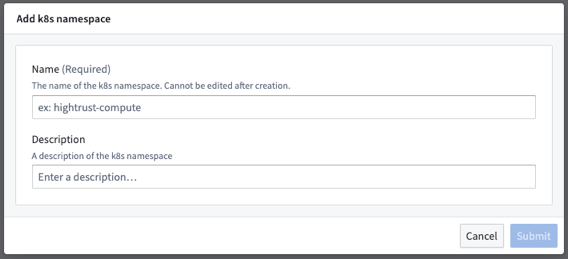 Create new K8s Namespace dialog