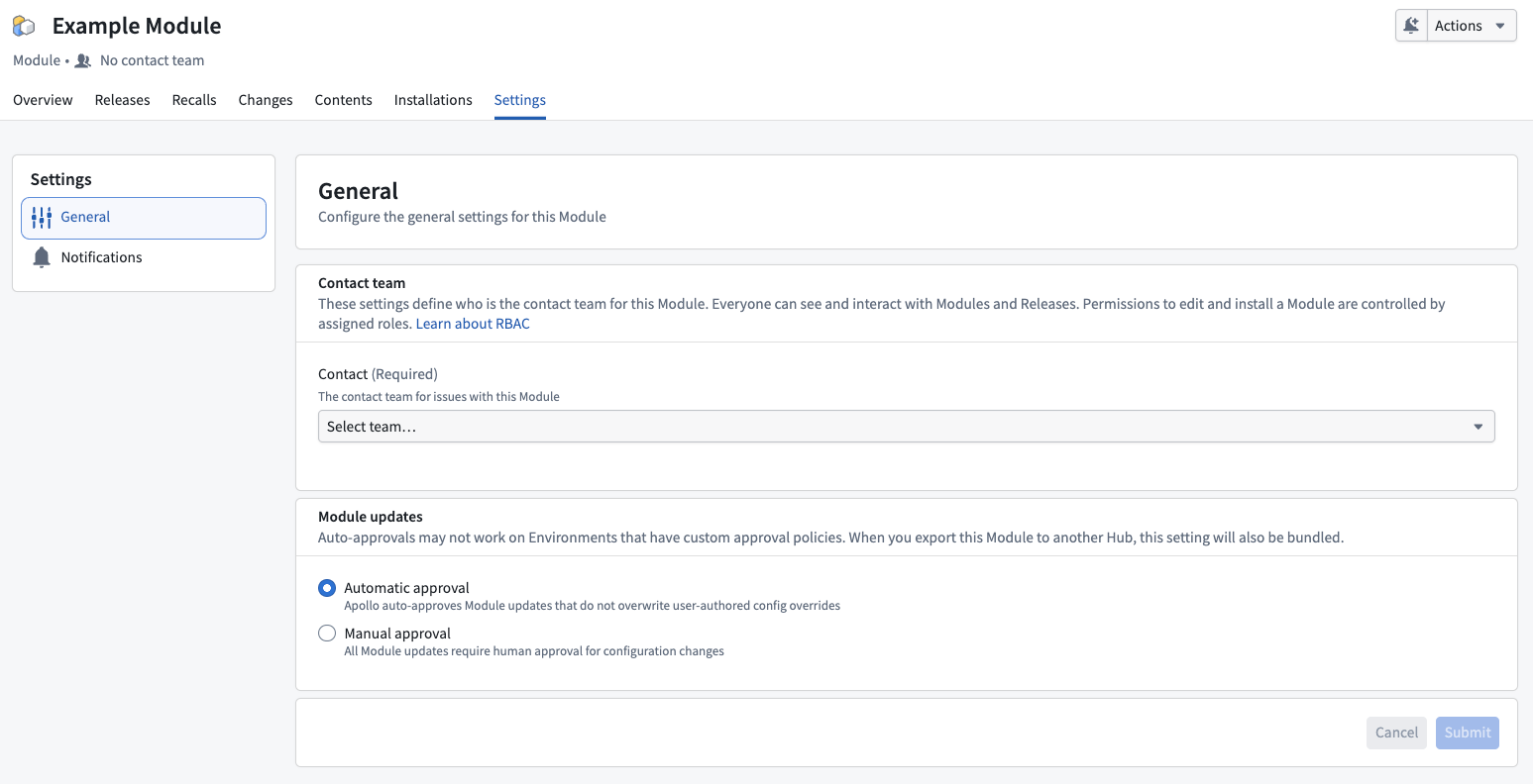 Setting the Module update approval mode.