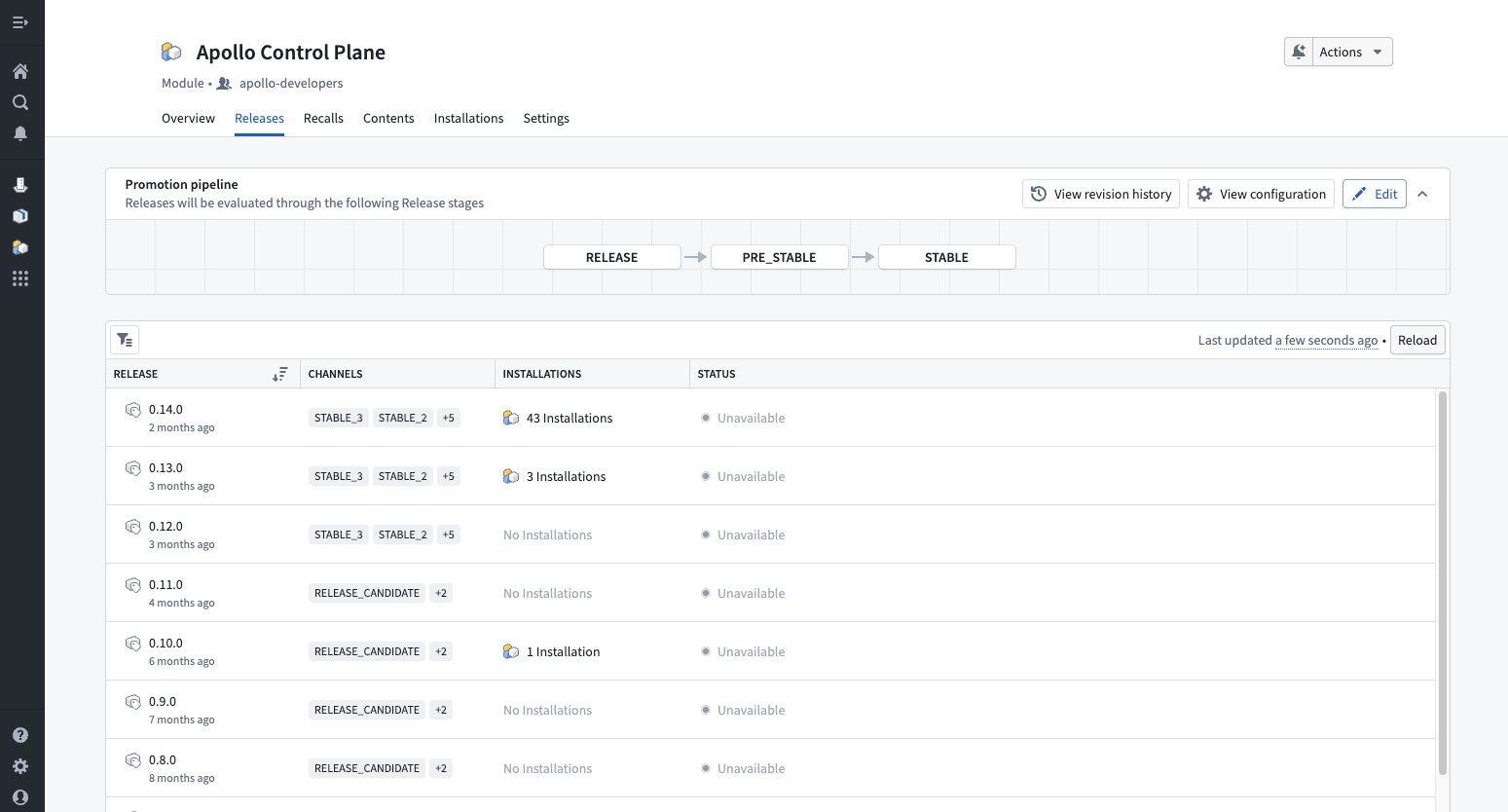 The Releases tab for a module