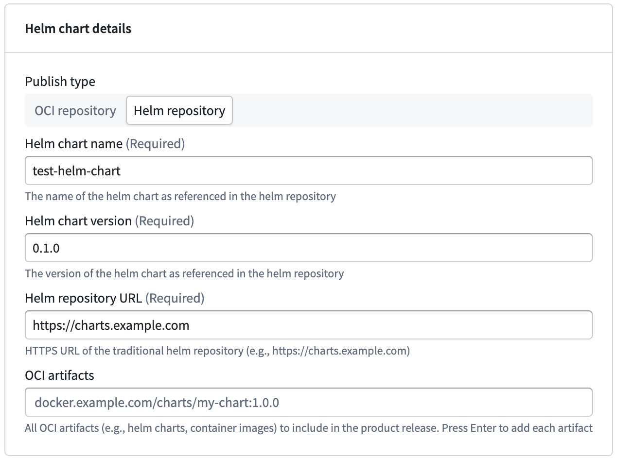 The create Product Release workflow helm chart details