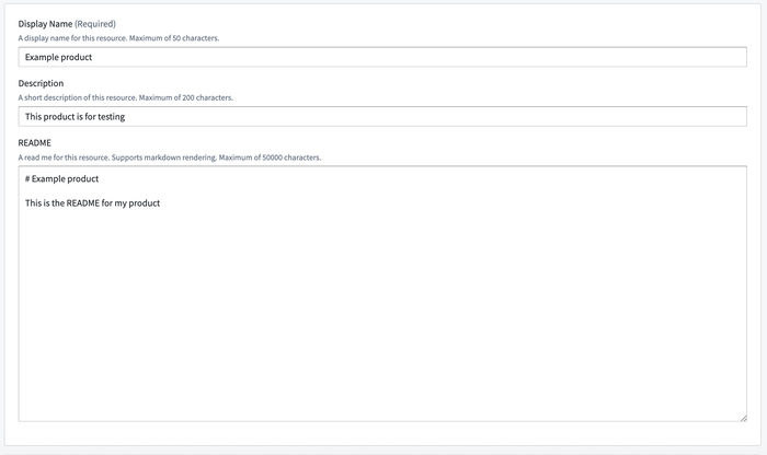 Example display name, description, and README.