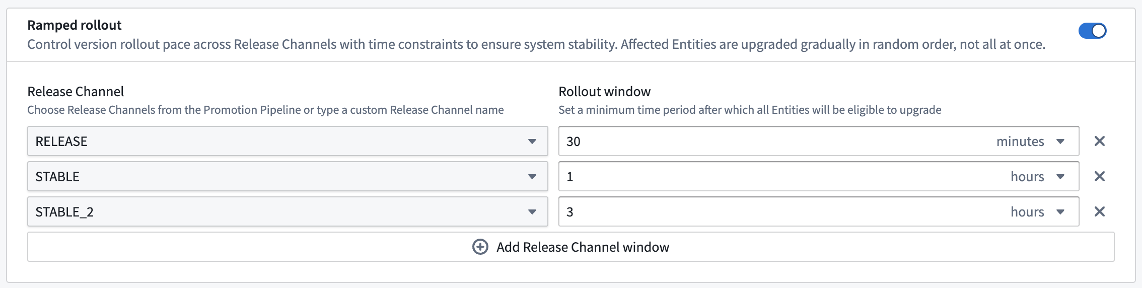 You can define the rollout window in the Ramped rollout section of the Upgrades form.