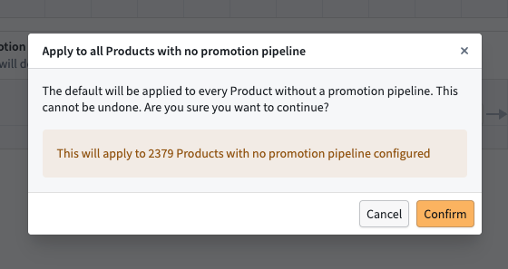 The option to apply the default promotion pipeline to existing Products without a configured pipeline.