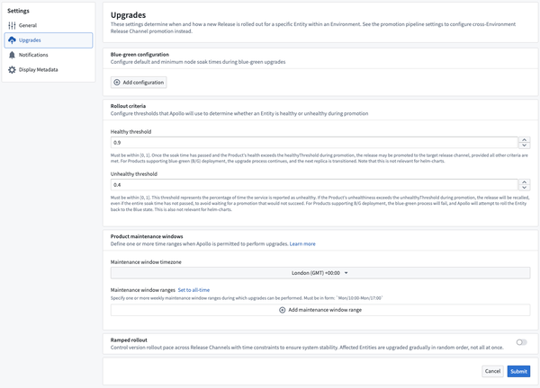 You can define the healthy and unhealthy thresholds in the Rollout criteria section of the Upgrades form.