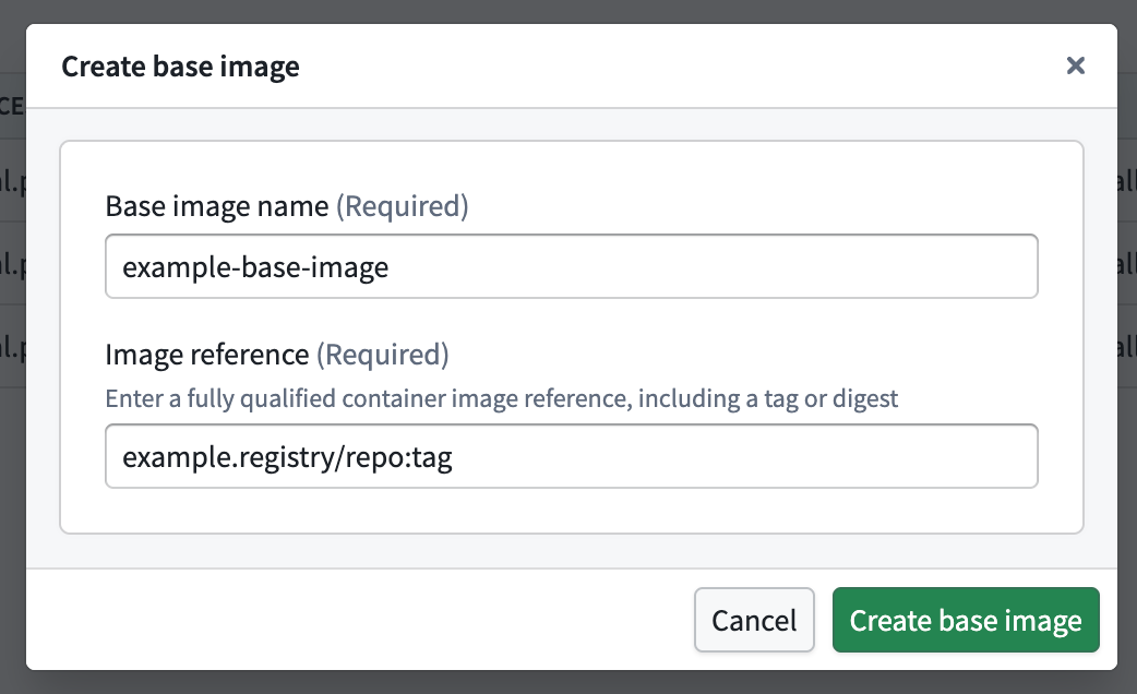 The Create base image dialog requires a base image name and a fully qualified image reference.