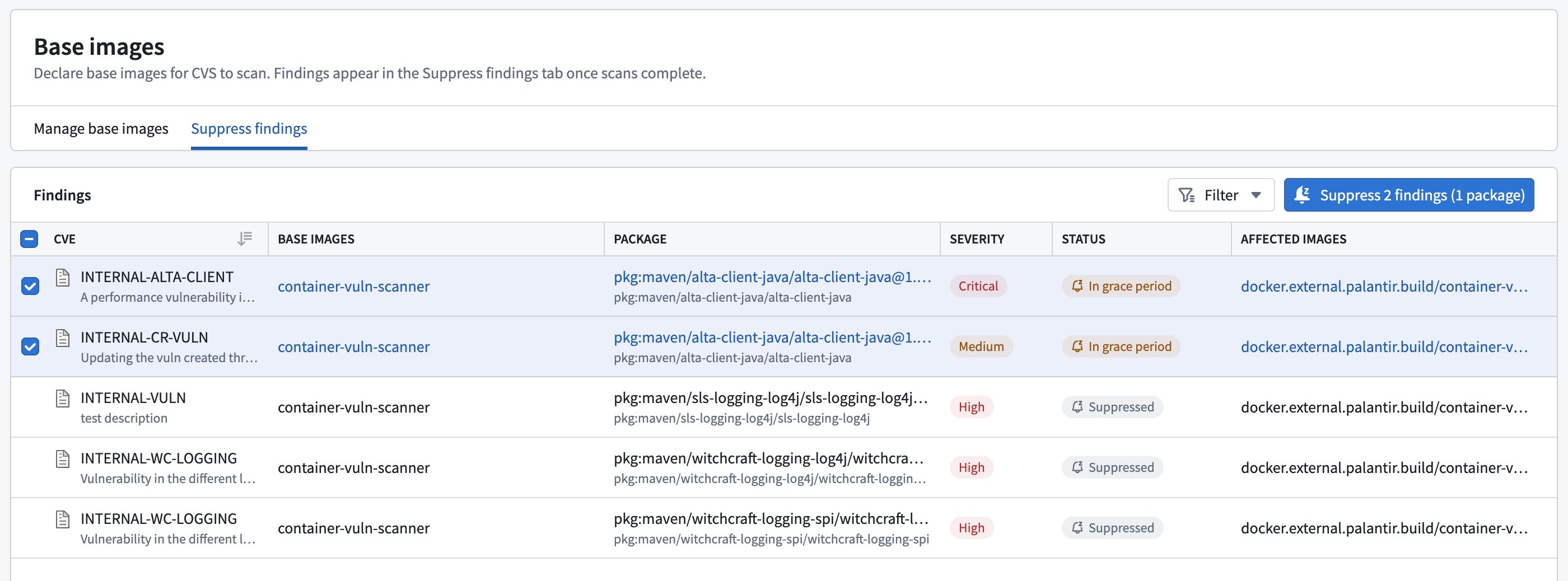 The Suppress findings tab lists vulnerabilities and has two findings selected for suppression.