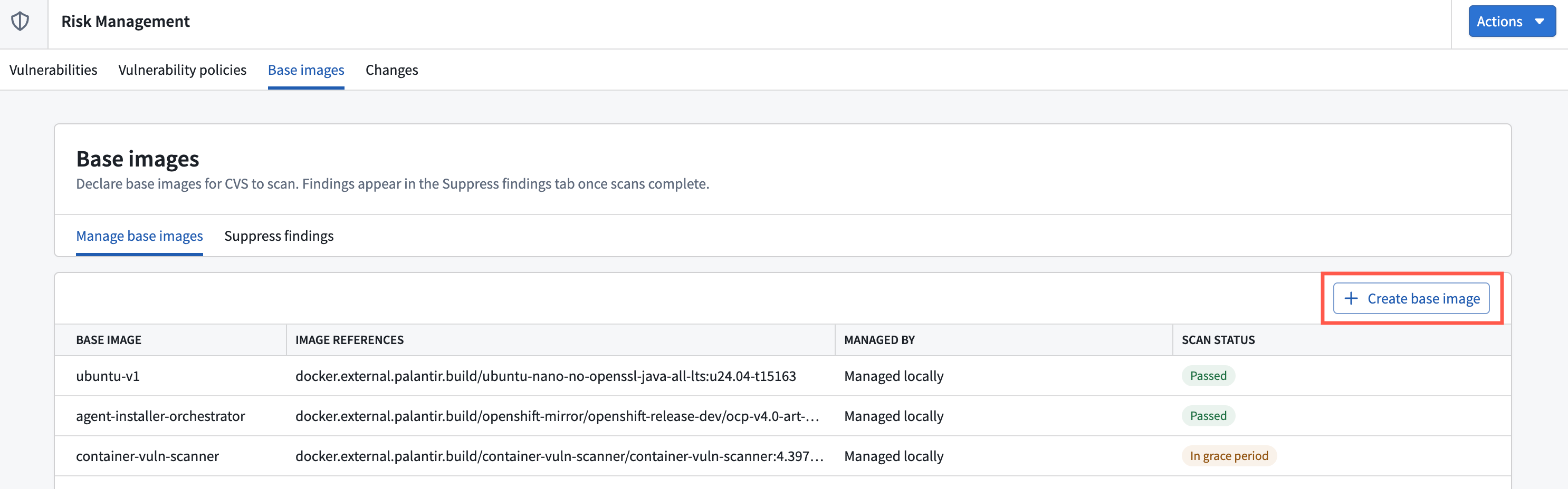 The Manage base images tab lists declared images and provides an option to create a base image.