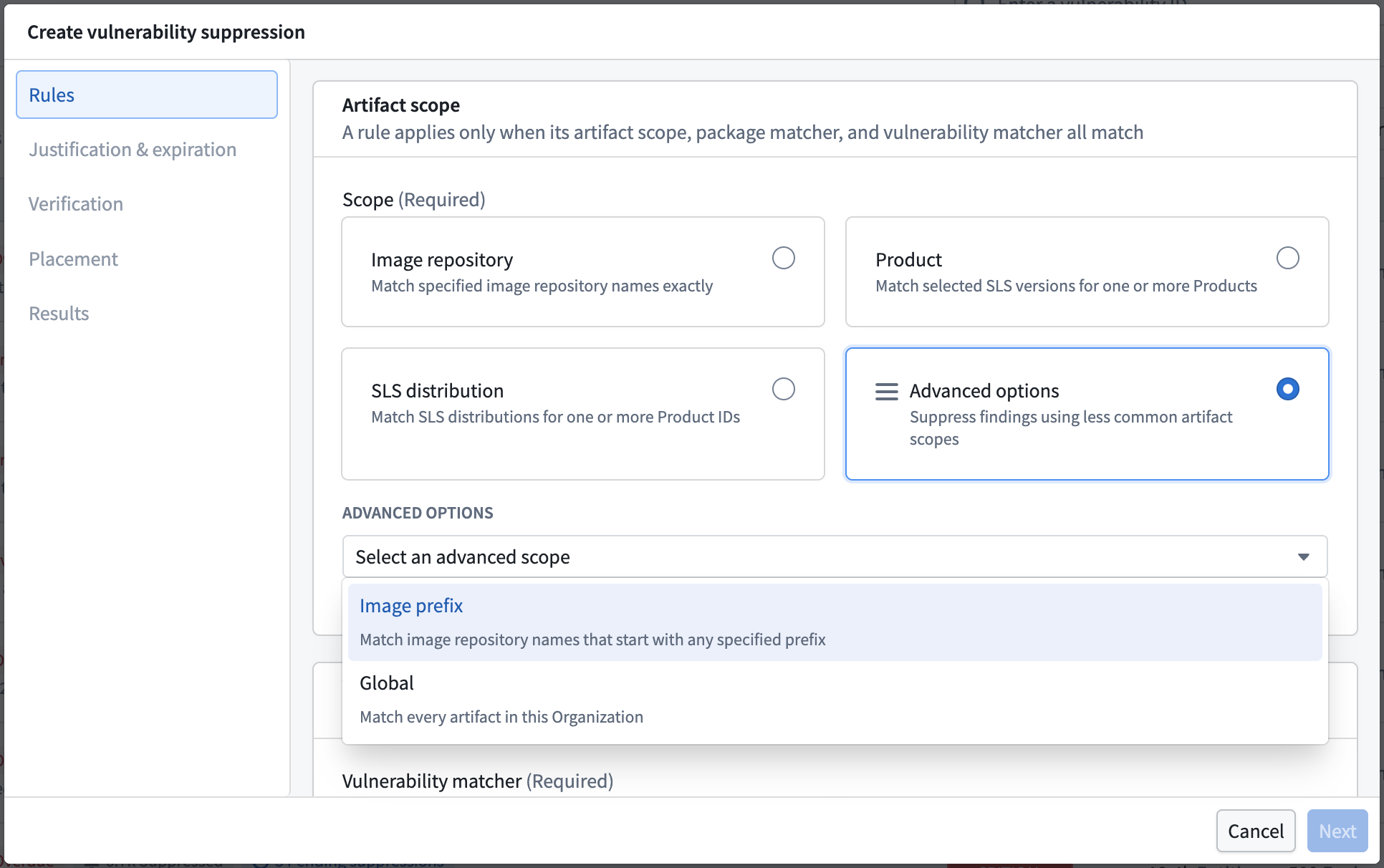 The Rules step of the suppression form, showing the suppression scope options.