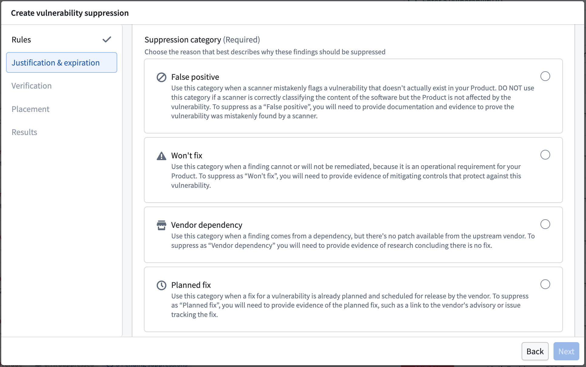 The four suppression category options, each with a description of when to use it.