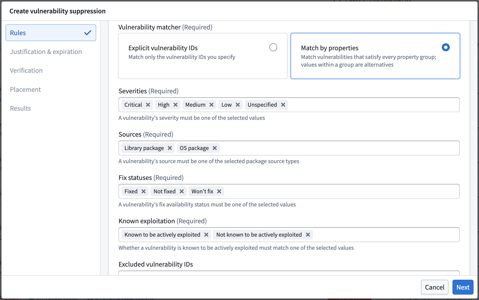 The vulnerability matcher set to Match by properties, showing the property groups.