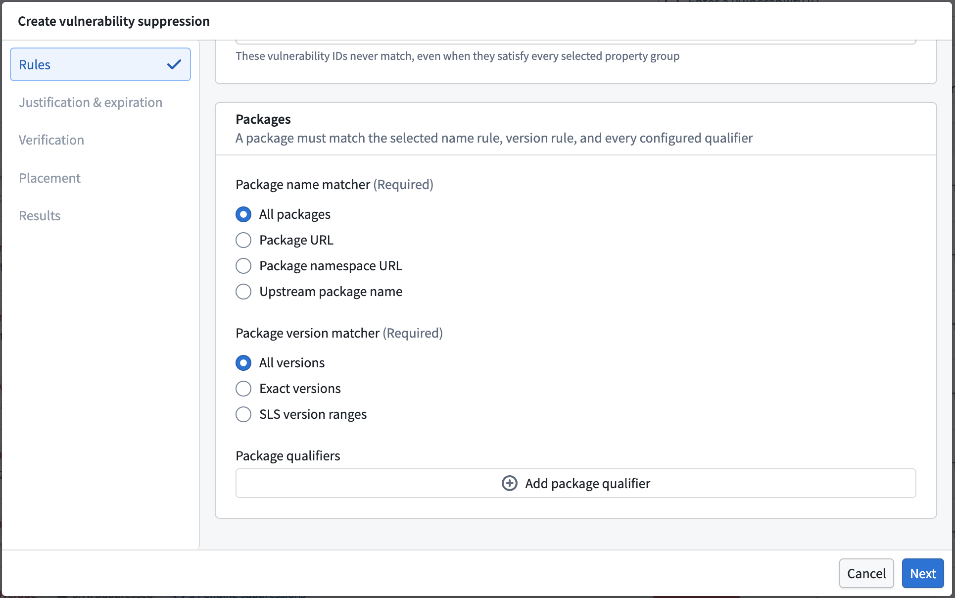The Packages section, showing the package name and version matcher options.