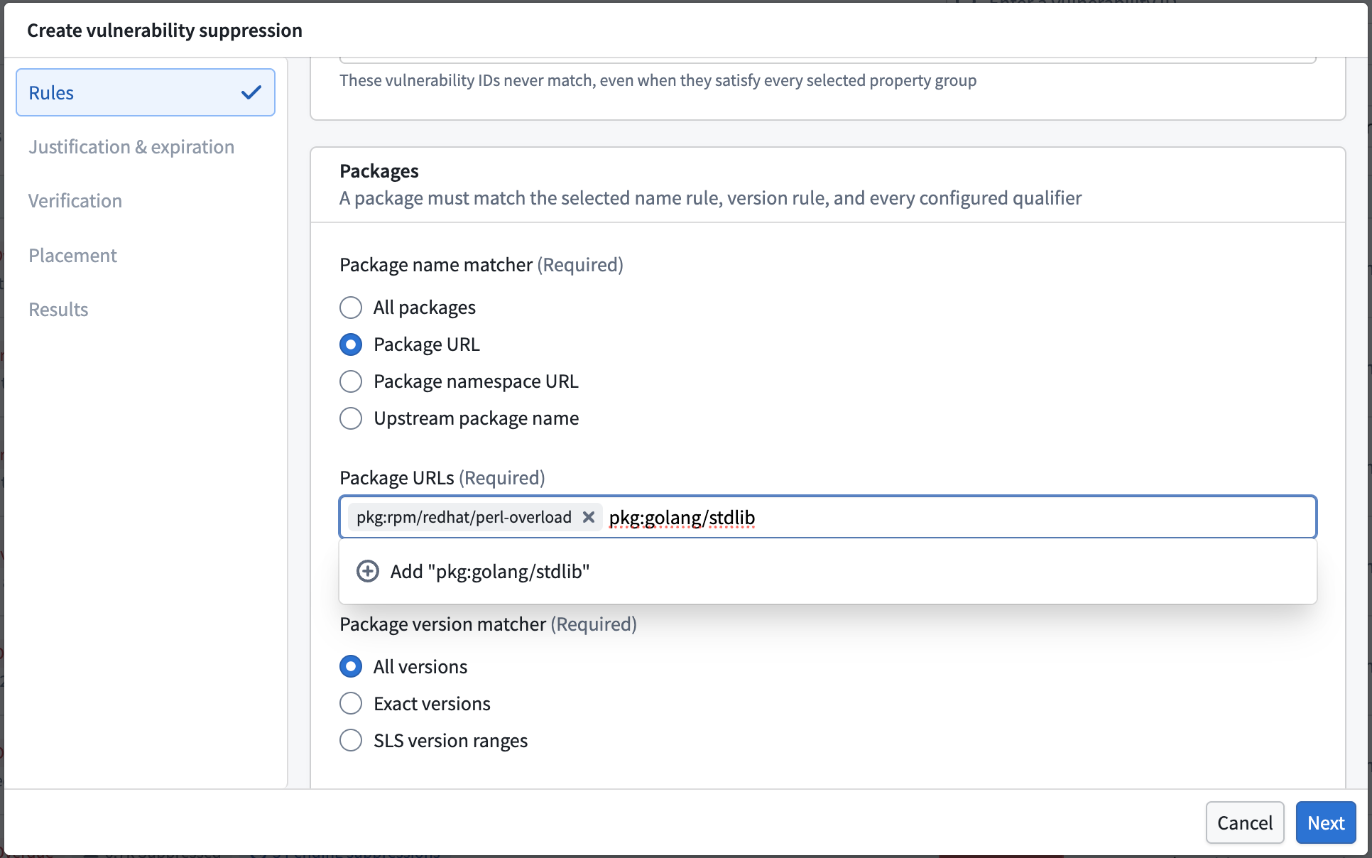 The package name matcher set to Package URL, with a PURL entered.