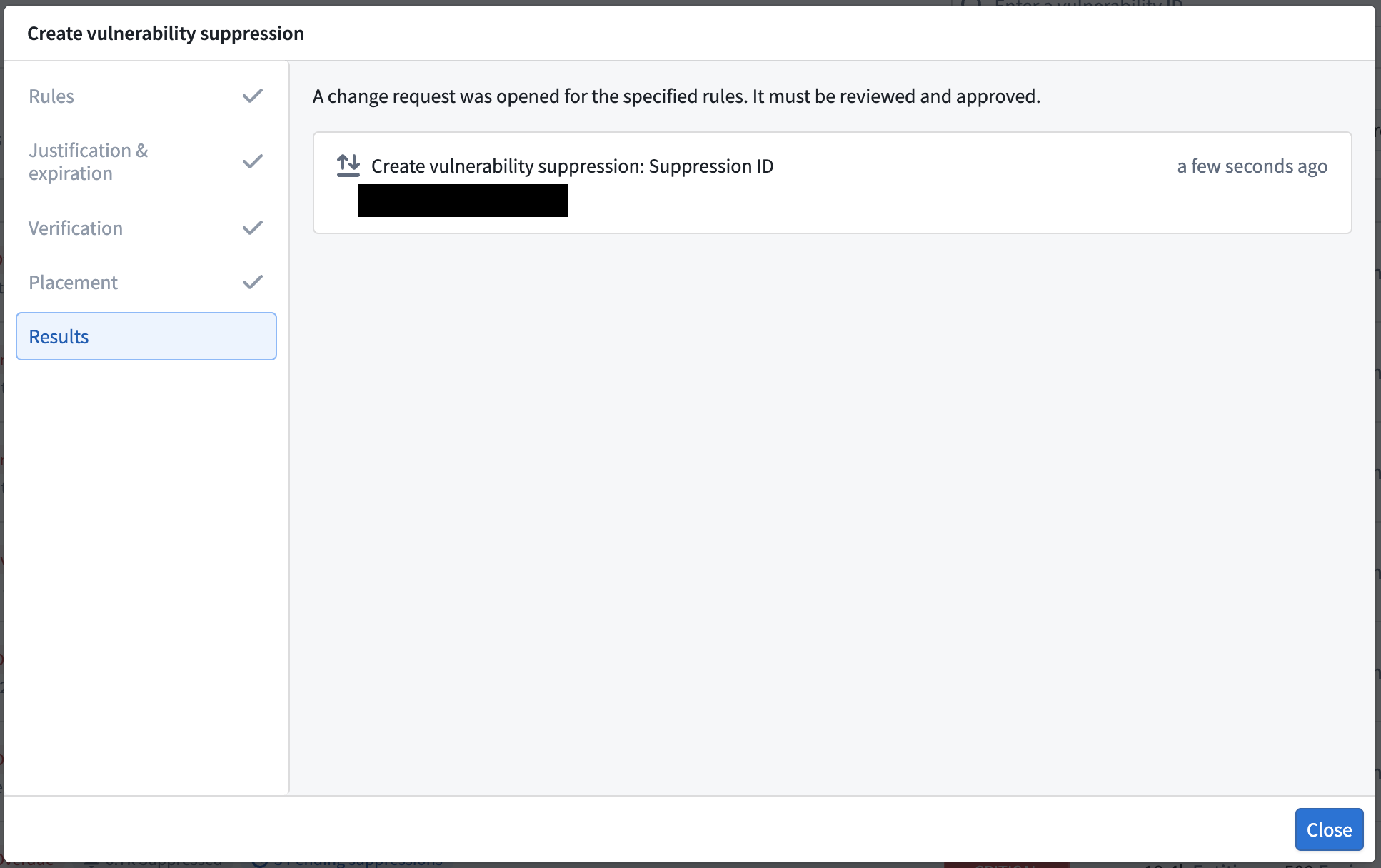 The Results step, showing the change requests that were opened.