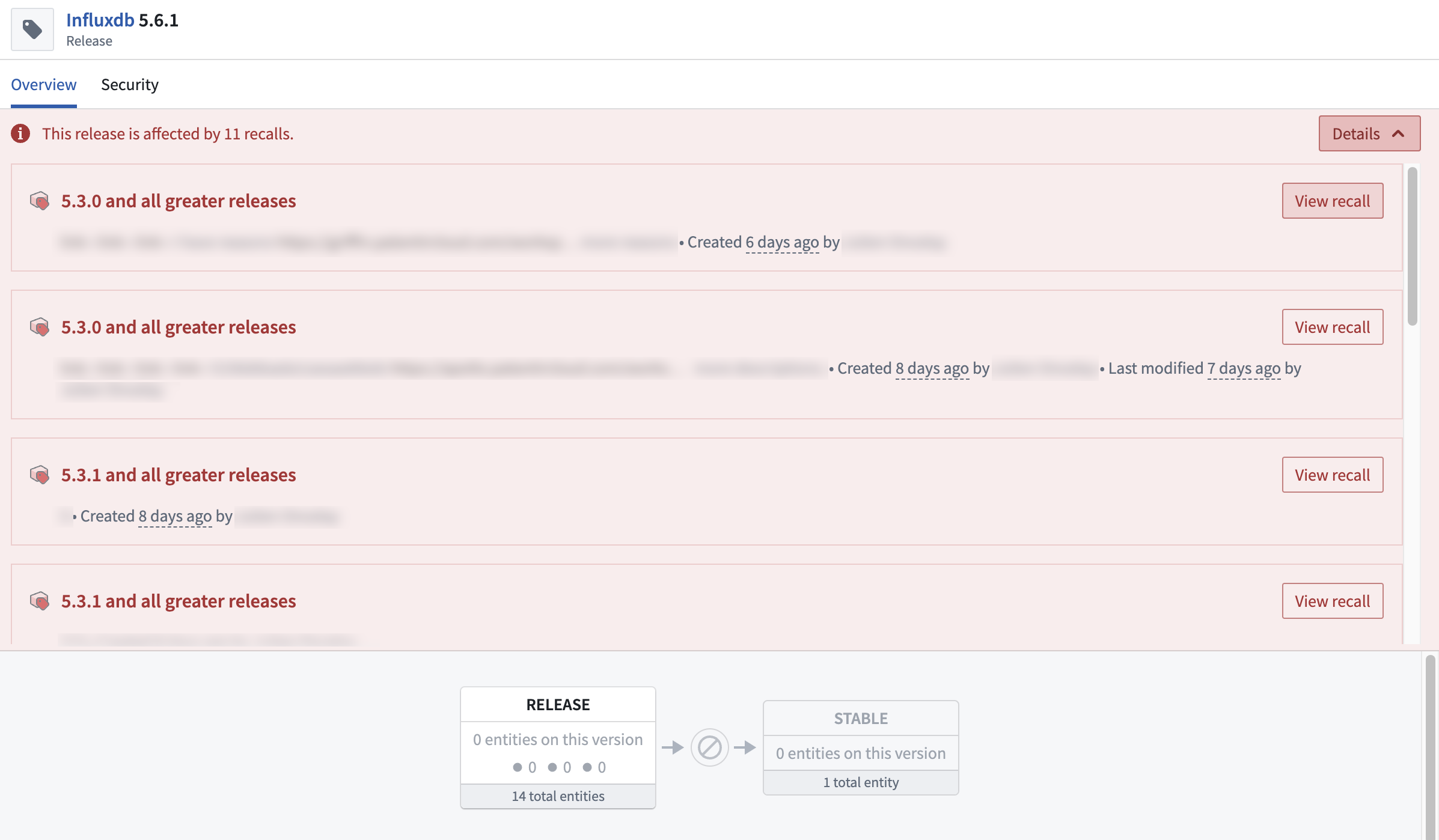The recall banner for a Release is expanded and a recall is highlighted.