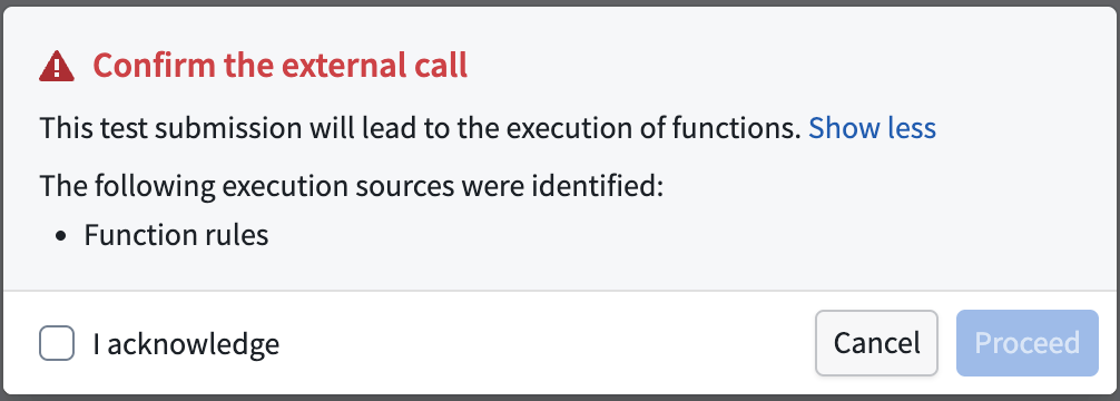 The Confirm the external call dialog listing execution sources to acknowledge before a test run.