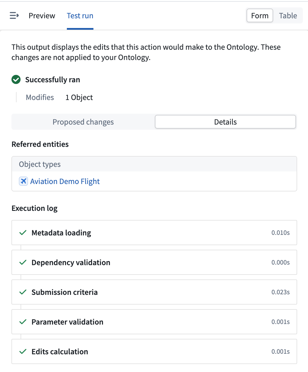 The Details tab showing referred entities and the execution log for a test run.