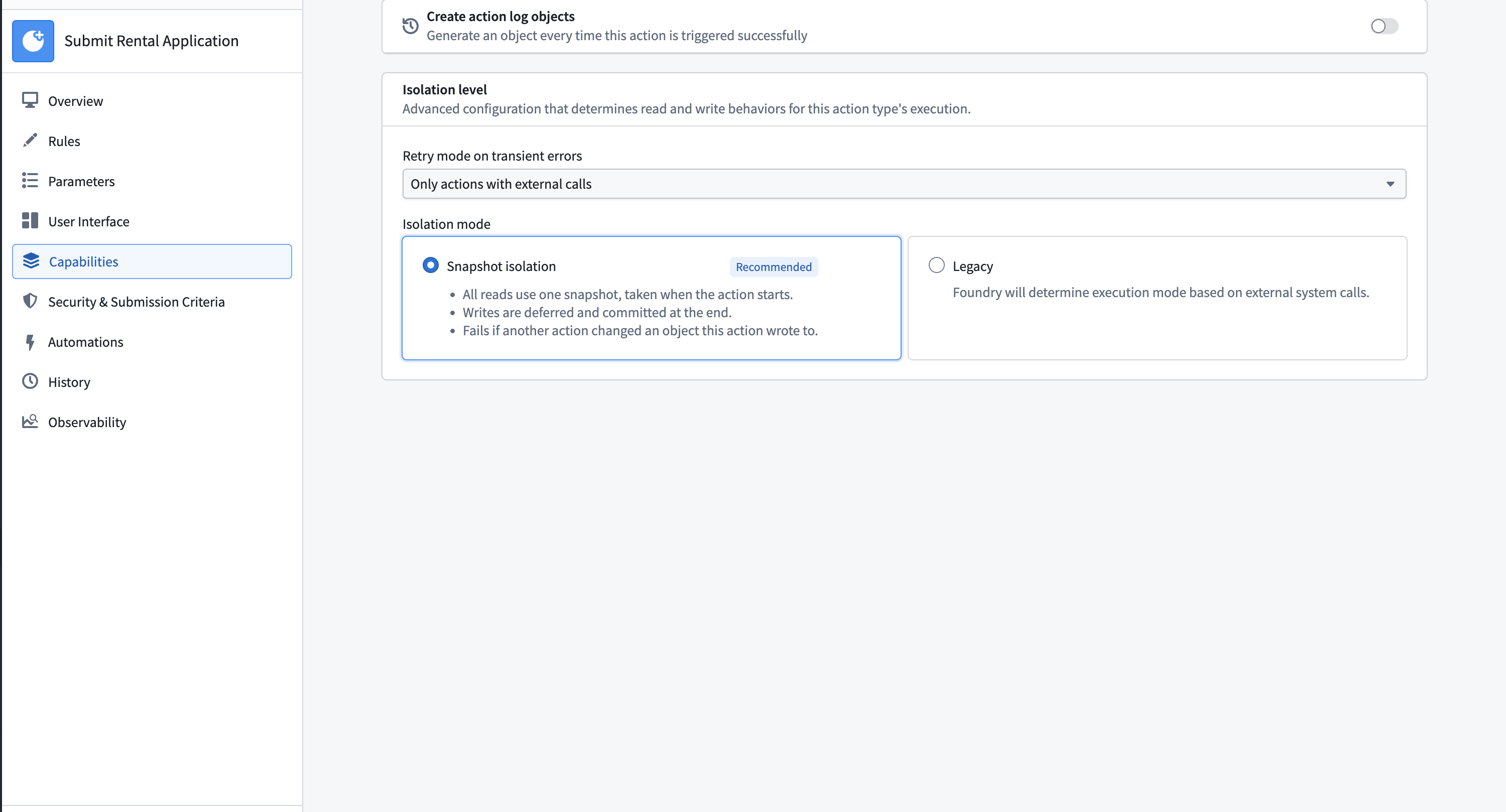 The Capabilities tab in Ontology Manager showing the isolation level configuration with Snapshot isolation selected as the recommended option.