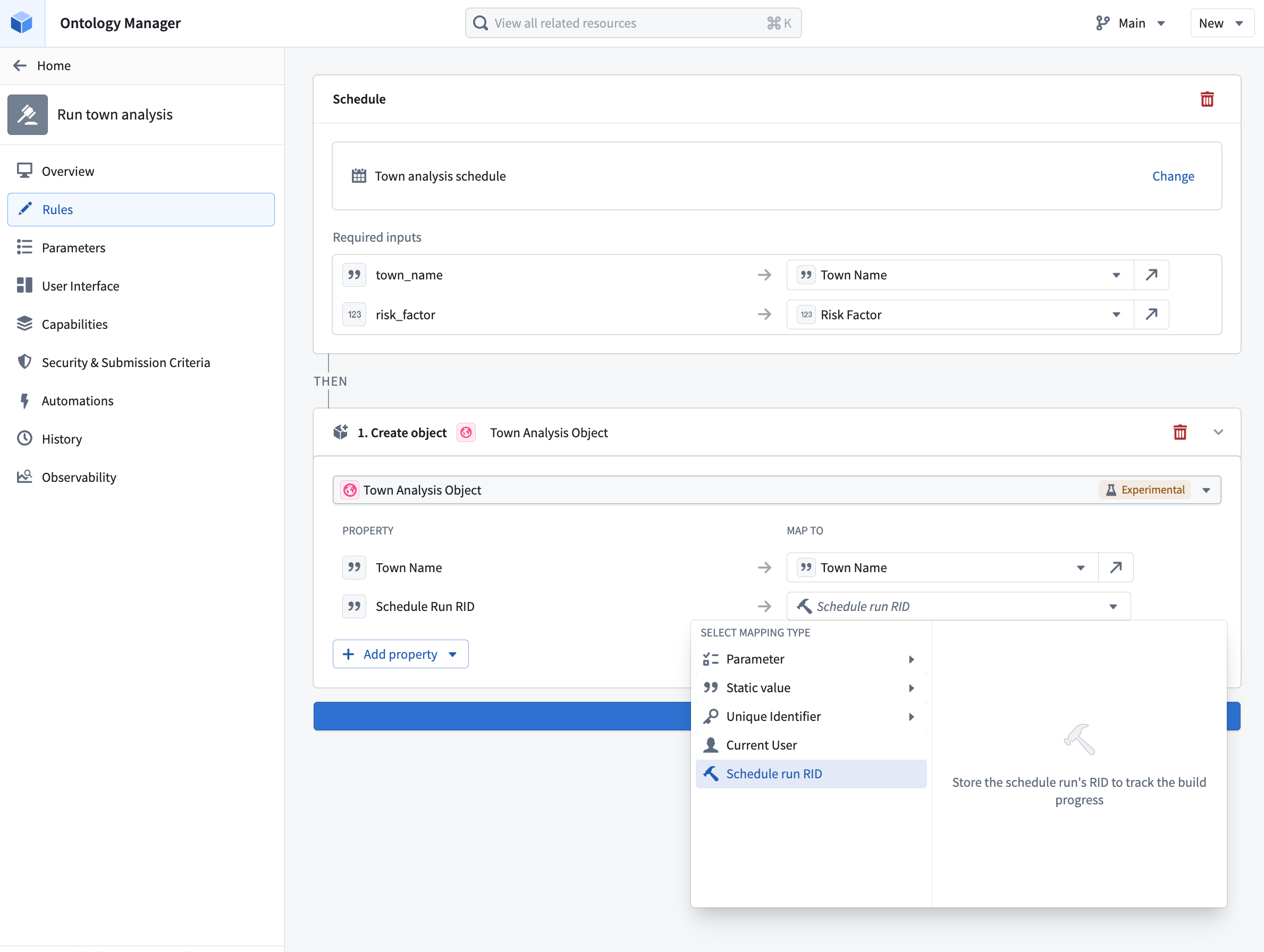 Action type configuration page in Ontology Manager. A schedule rule is added, and the schedule run RID is written to a string property through a Create object rule.