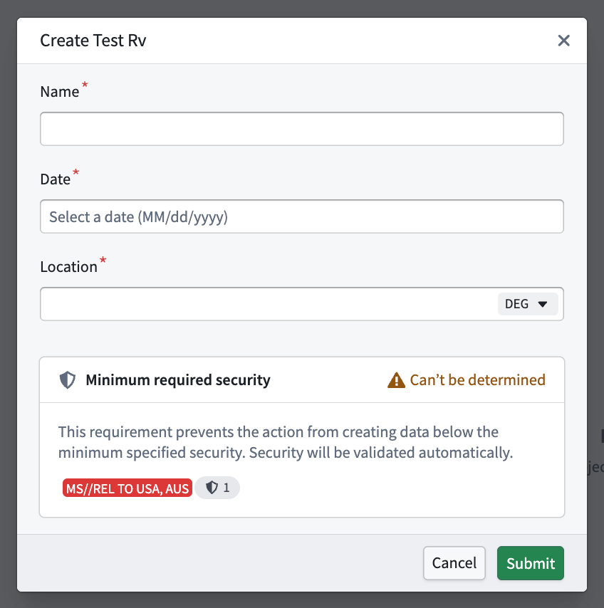 Action form showing minimum required security that cannot be determined before submission.