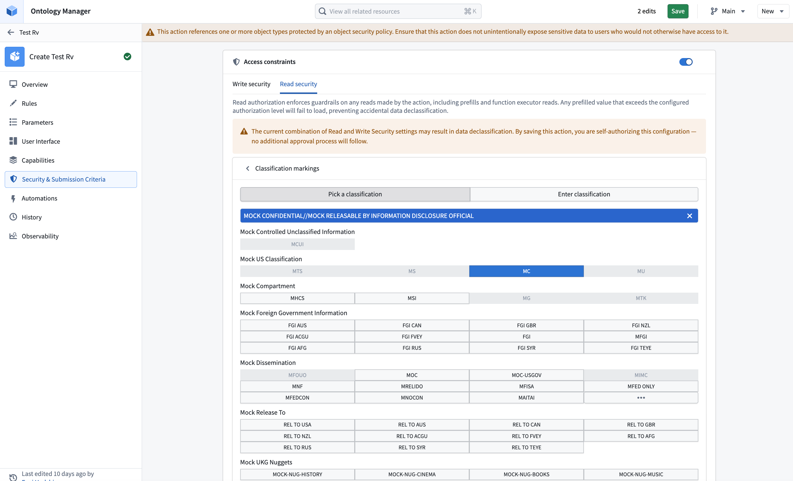 Read security tab with a classification selection and a declassification warning caused by differing read and write authorizations.