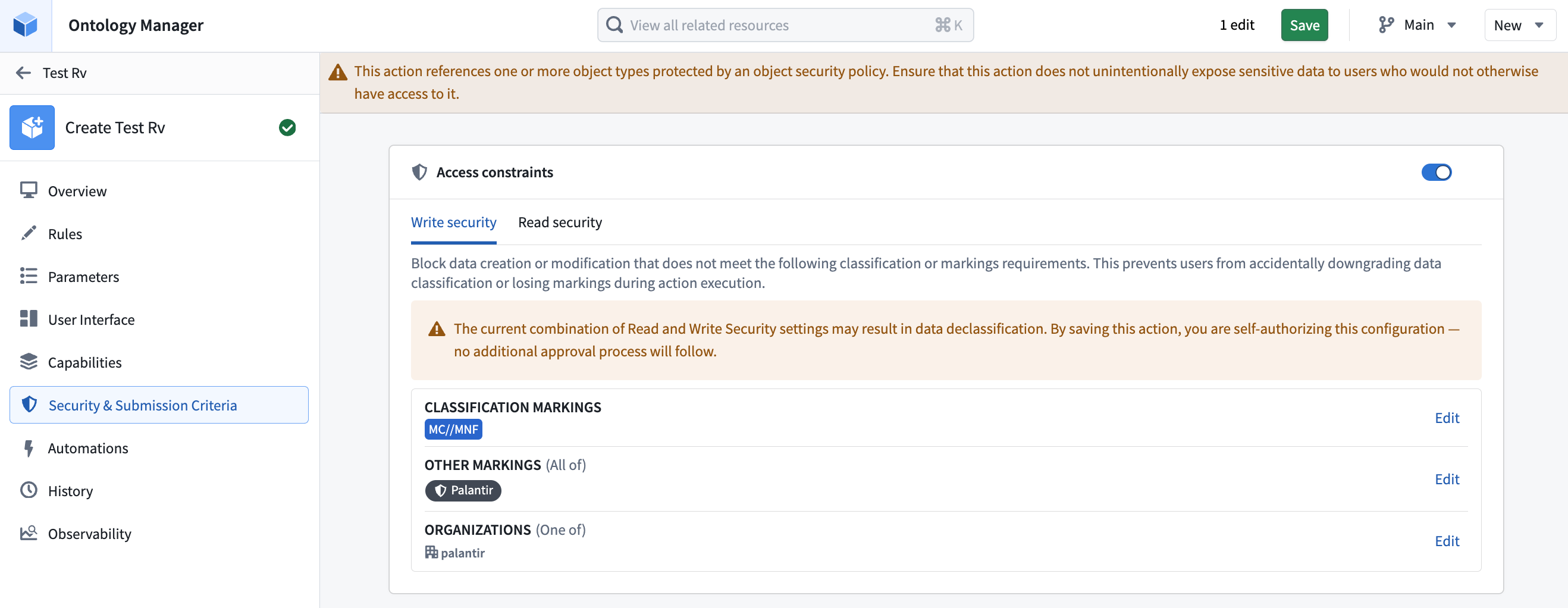 Access constraints enabled with the Write security tab showing classification, mandatory marking, and Organization requirements.