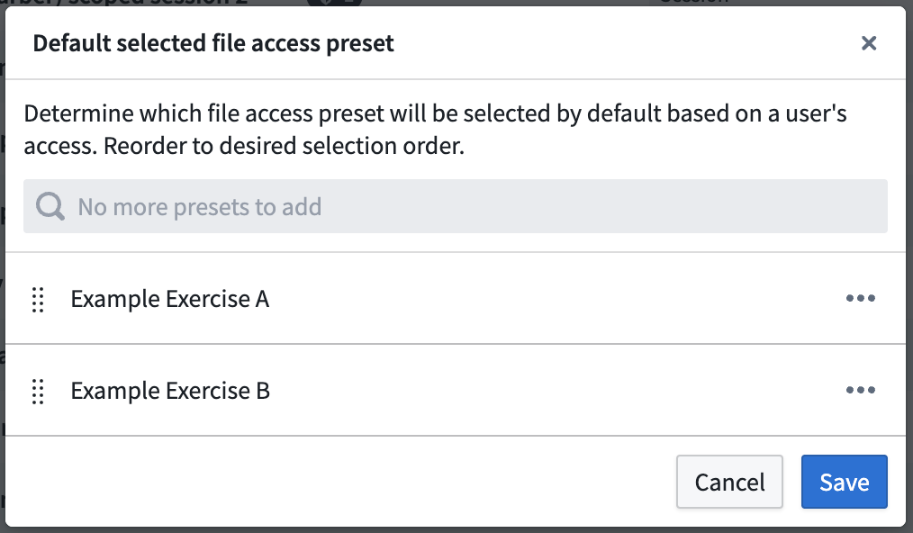 The Default selected file access preset popup window is displayed.
