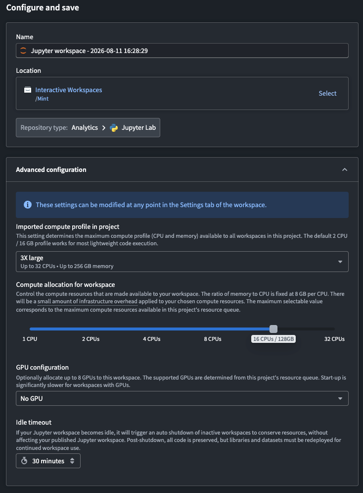 The Configure and save dialog for a code workspace in a managed enrollment, showing the Imported compute profile in project dropdown menu above the Compute allocation for workspace slider.