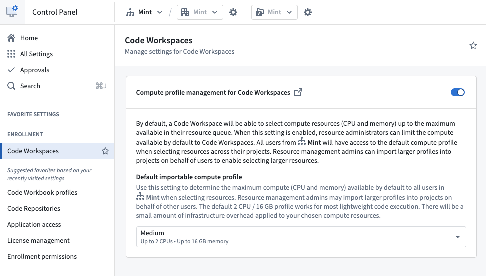 The Code Workspaces settings in Control Panel, showing the Compute profile management for Code Workspaces toggle turned on and the Default importable compute profile dropdown menu.