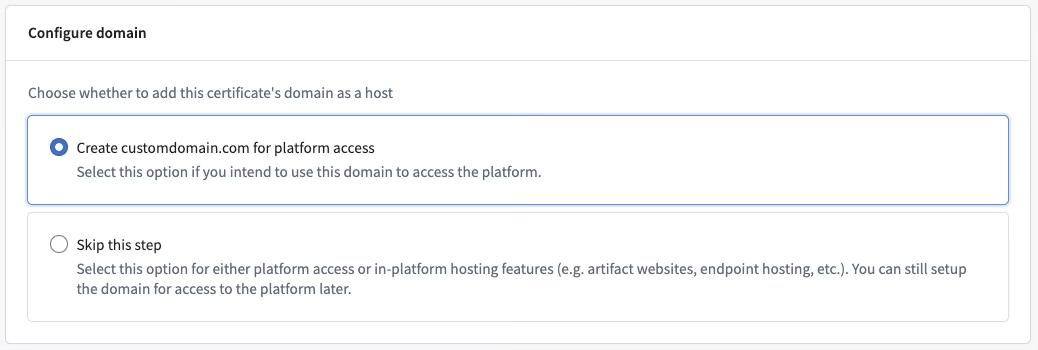 Settings for configuring the domain after signed certificate upload