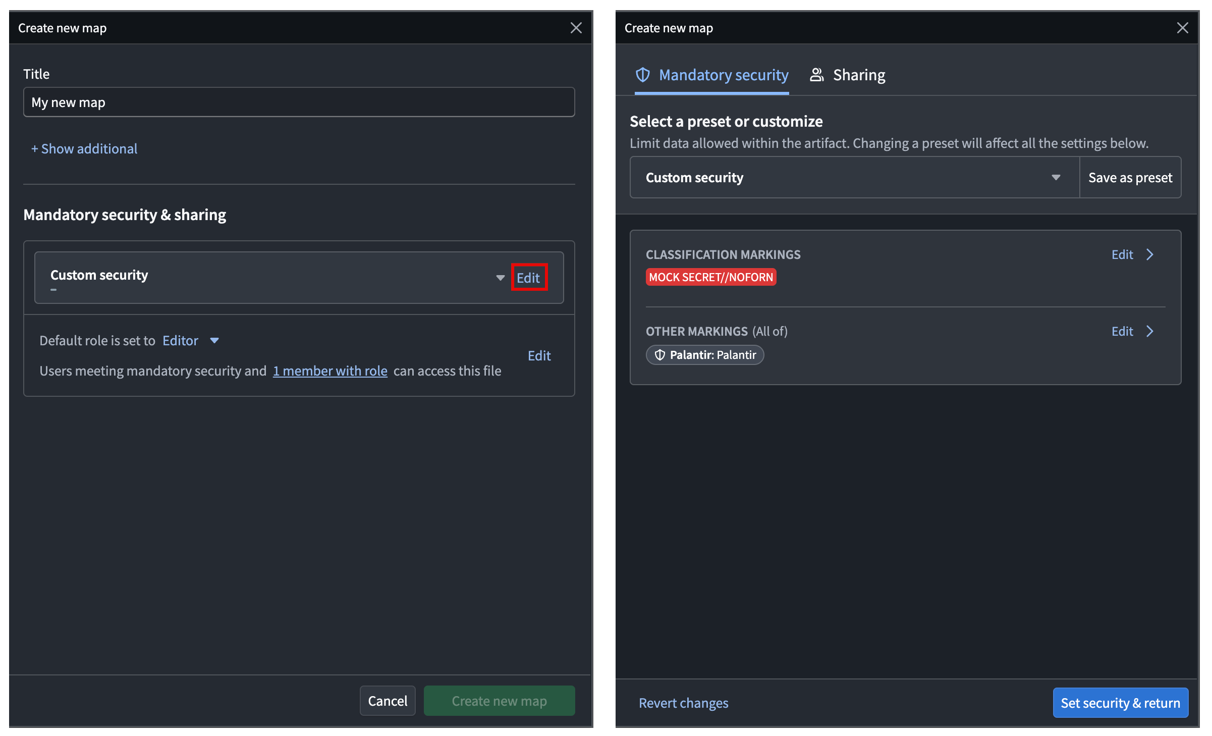 A Create new map modal with no access presets is displayed.