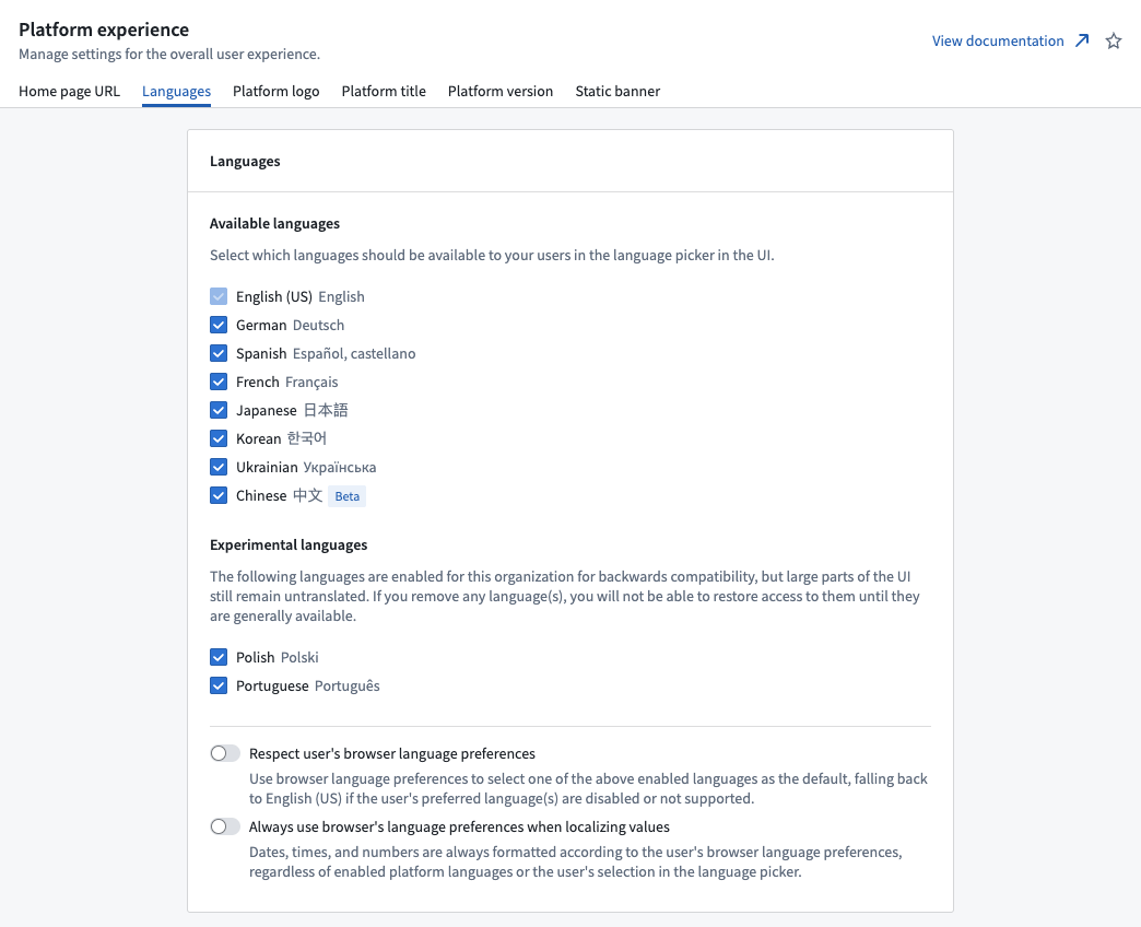 Configure languages in the Platform experience settings.
