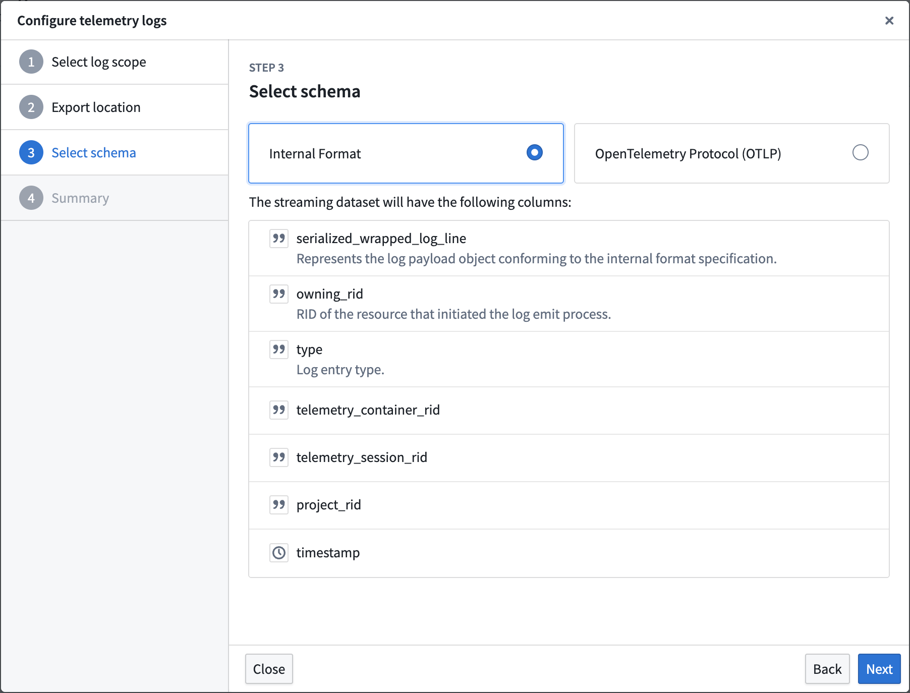The schema selection interface showing available log format options.