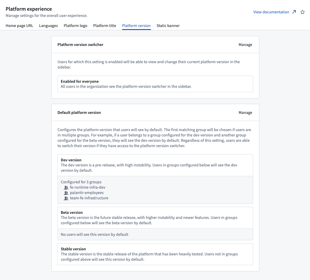 Platform version tab