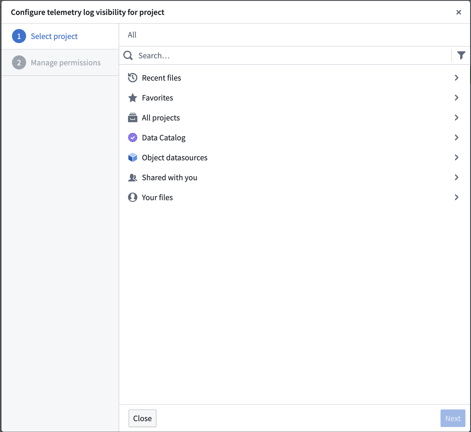 The project selection dialog for configuring telemetry log visibility settings.